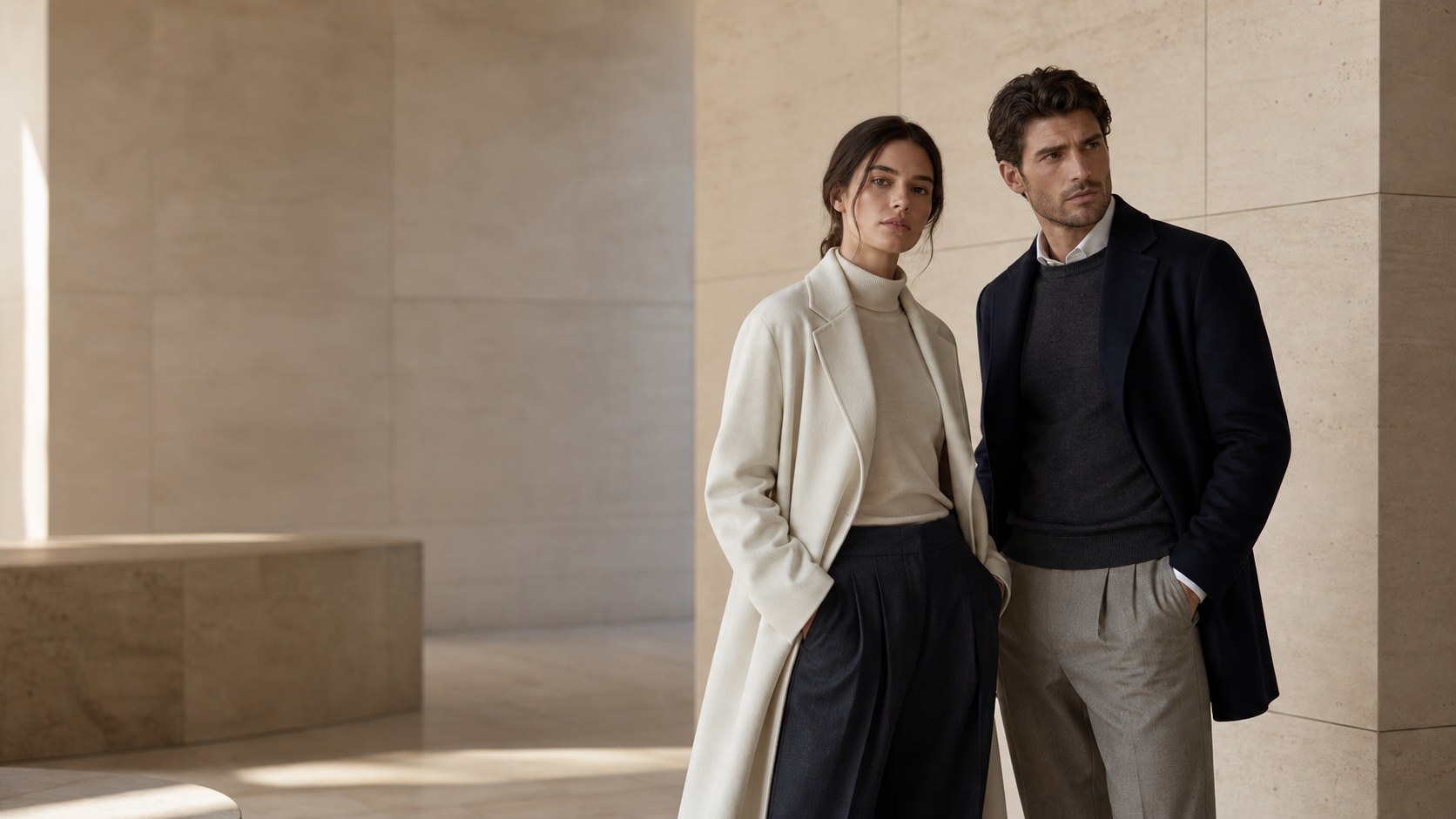 Two fashion models wearing refined neutral clothing
