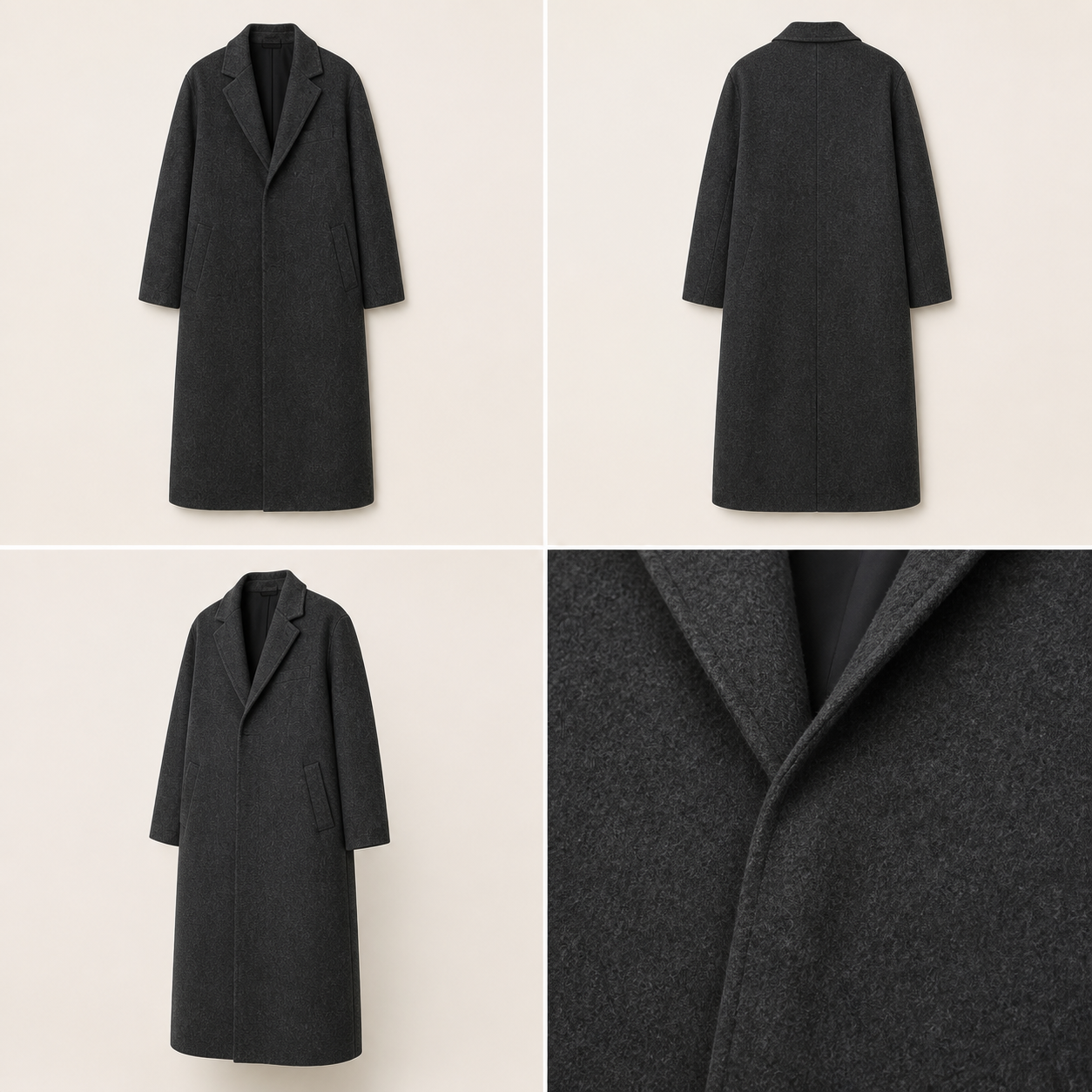 Longline Wool Coat in Charcoal, front view