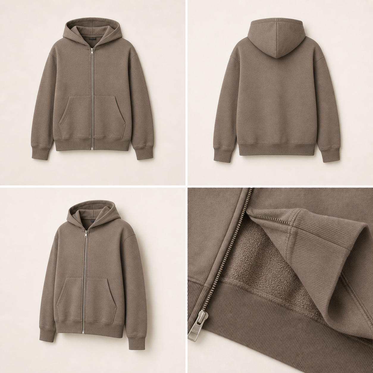 Frame Zip Hoodie in Taupe, front view